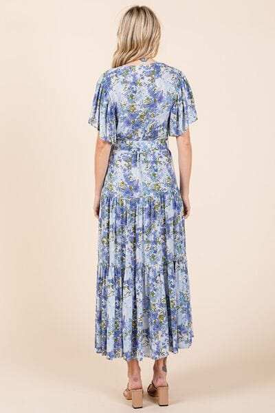 Mittoshop Floral Tie Waist Flutter Sleeve Tiered Dress - Trendsi - Flyclothing LLC