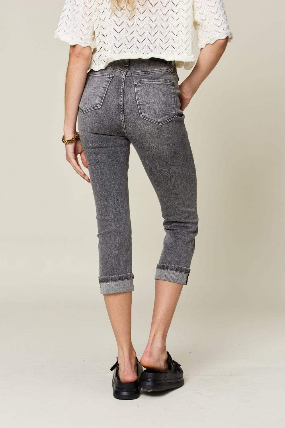 Judy Blue Full Size Button Fly High Waist Cuffed Capris - Trendsi - Flyclothing LLC