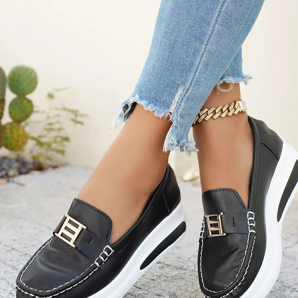 Metal Buckle Round Toe Slip-Ons - Trendsi - Flyclothing LLC