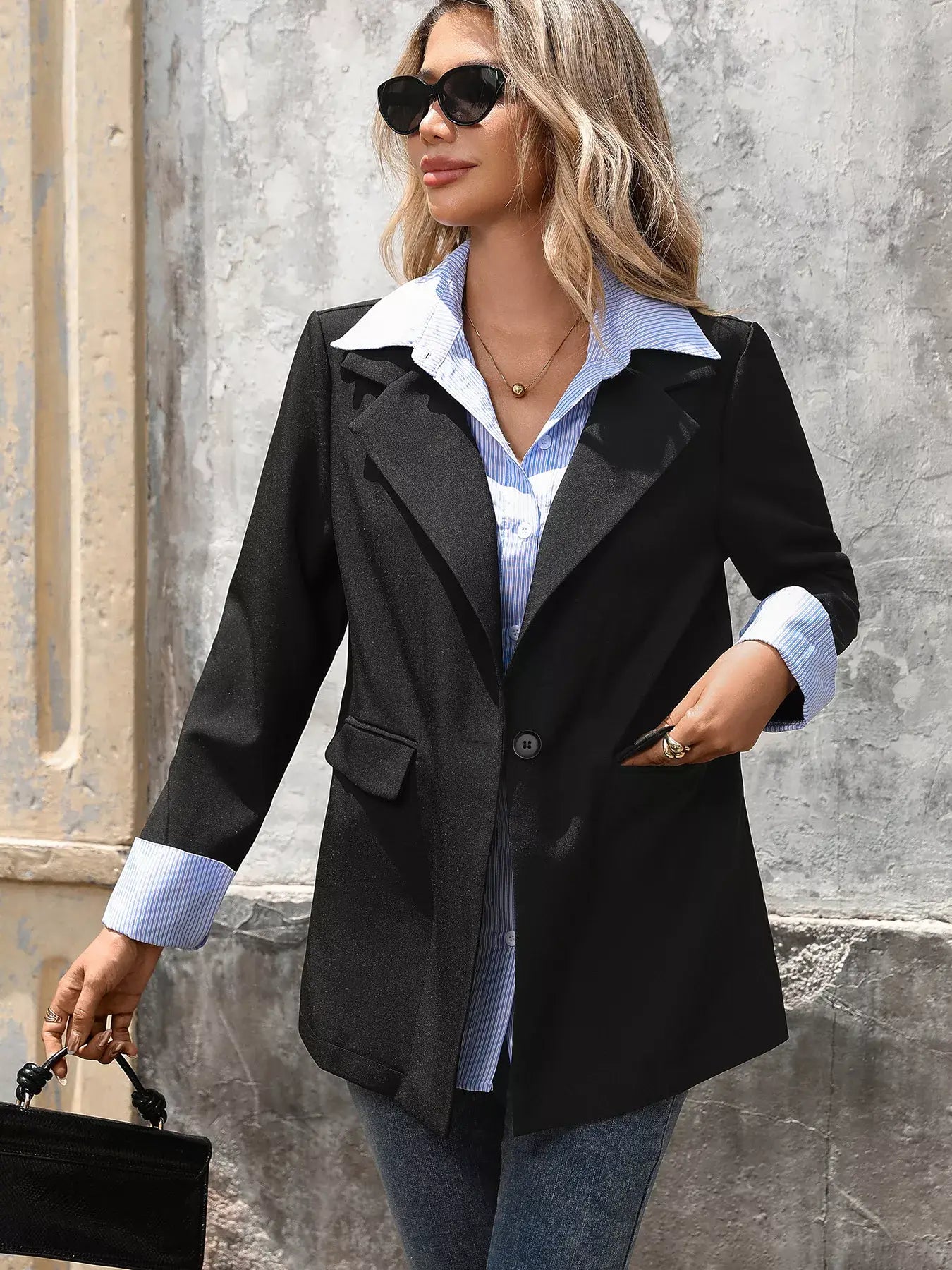 Striped Collar Long Sleeve Fake Two-Piece Blazer - Trendsi - Flyclothing LLC