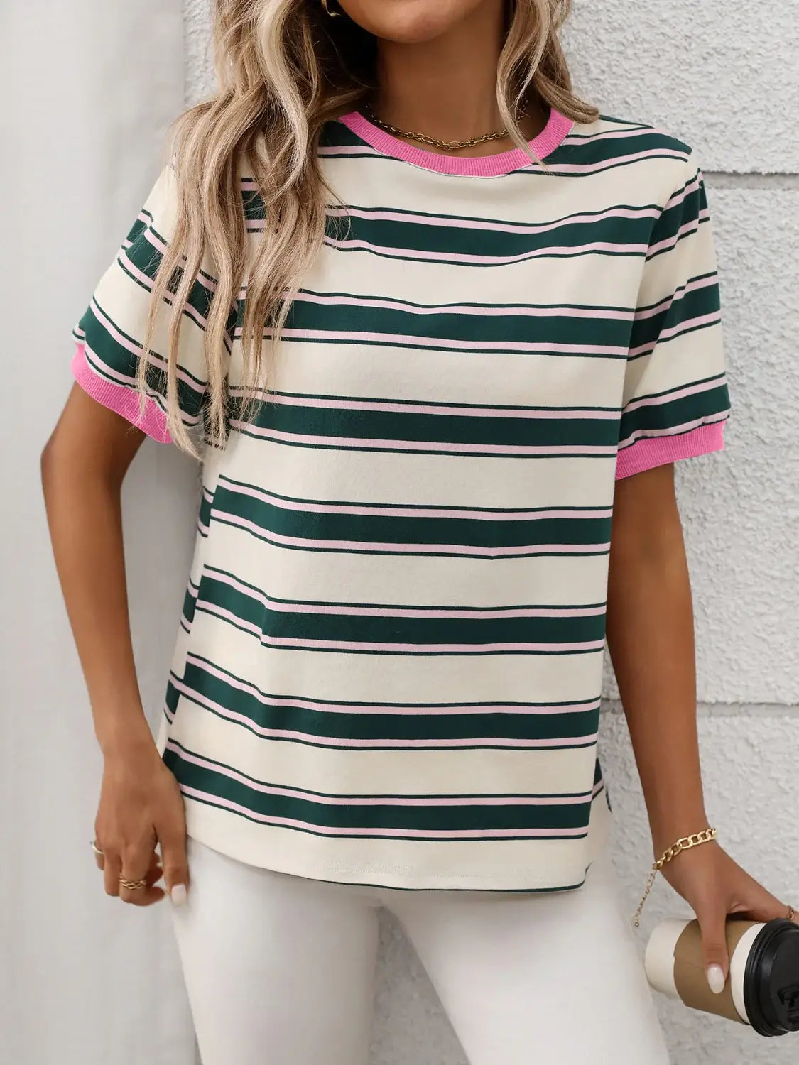 Contrast Striped Round Neck Short Sleeve T-Shirt - Trendsi - Flyclothing LLC