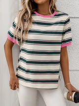 Contrast Striped Round Neck Short Sleeve T-Shirt - Trendsi - Flyclothing LLC
