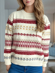 Geometric Round Neck Long Sleeve Sweater - Trendsi