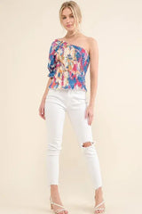 And The Why Allover Floral Print Smocked One Shoulder Blouse - Trendsi - Flyclothing LLC