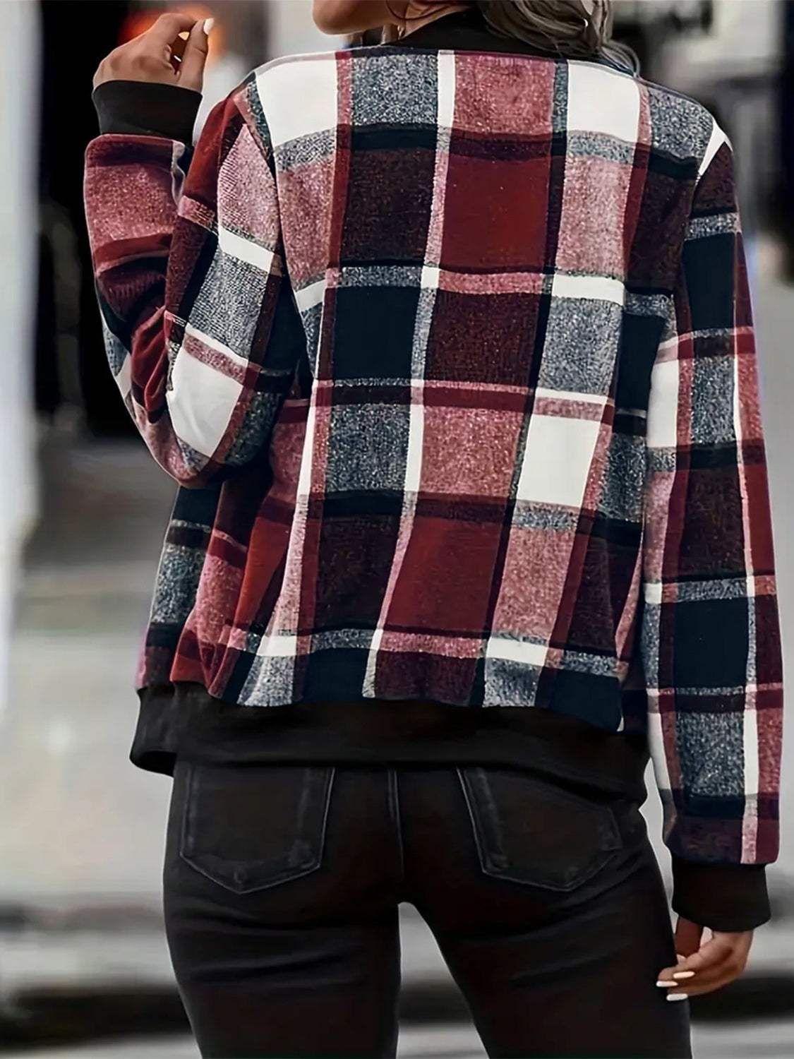 Plus Size Plaid Baseball Collar Zip Up Jacket - Trendsi - Flyclothing LLC