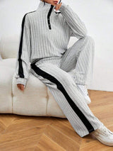 Contrast Collared Neck Long Sleeve Top and Pants Set - Trendsi - Flyclothing LLC