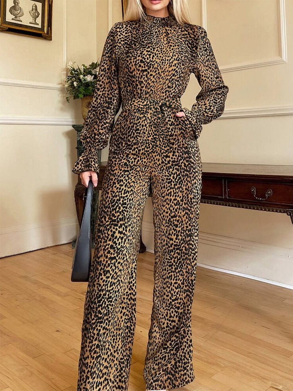 Leopard Flounce Sleeve Wide Leg Jumpsuit - Trendsi