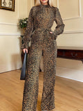Leopard Flounce Sleeve Wide Leg Jumpsuit - Trendsi