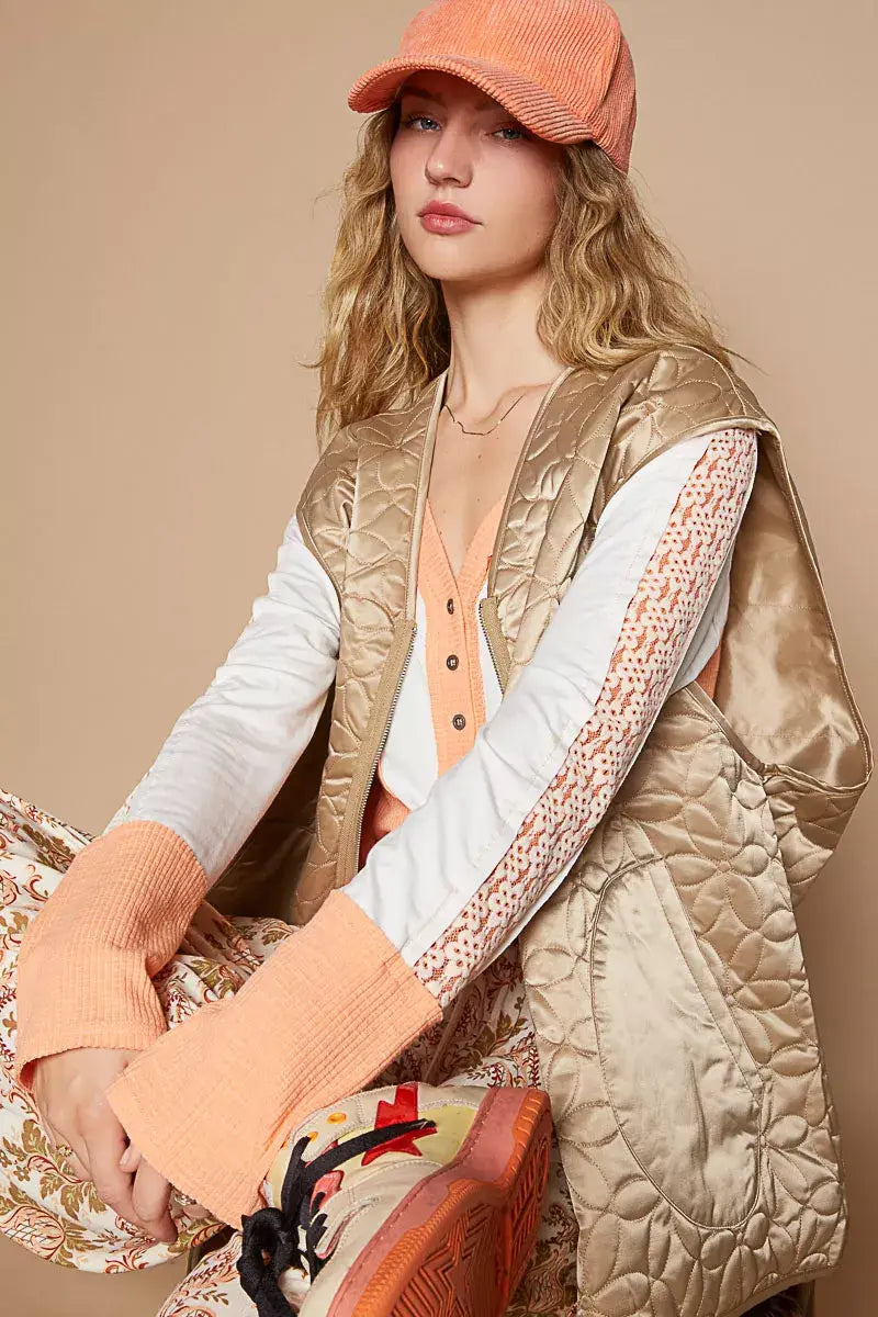POL Front Zipper Floral Pattern Quilted Vest Coat with Front Pockets - Trendsi - Flyclothing LLC