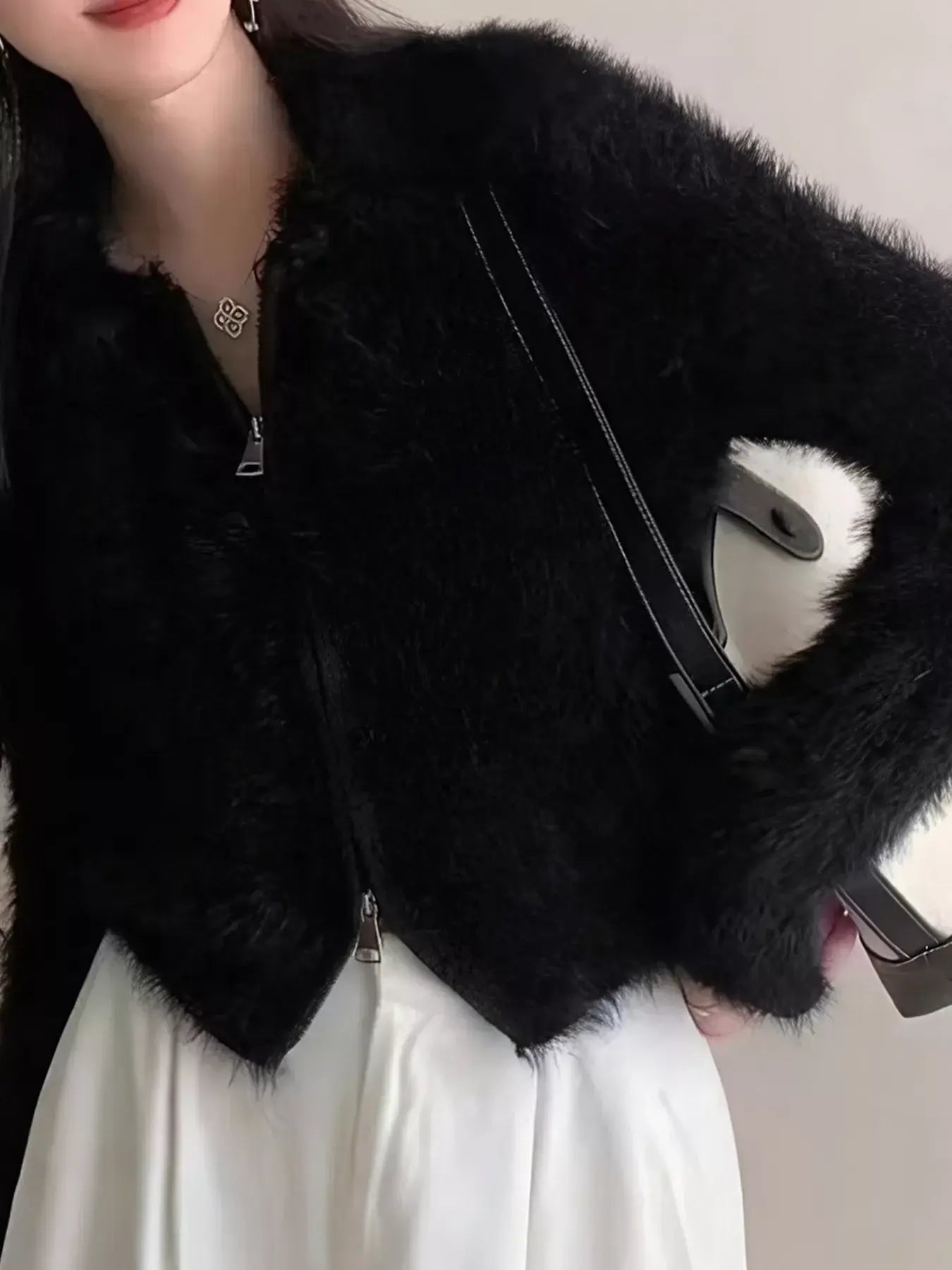 Fluffy Knit Zip-Up Outerwear - Trendsi - Flyclothing LLC