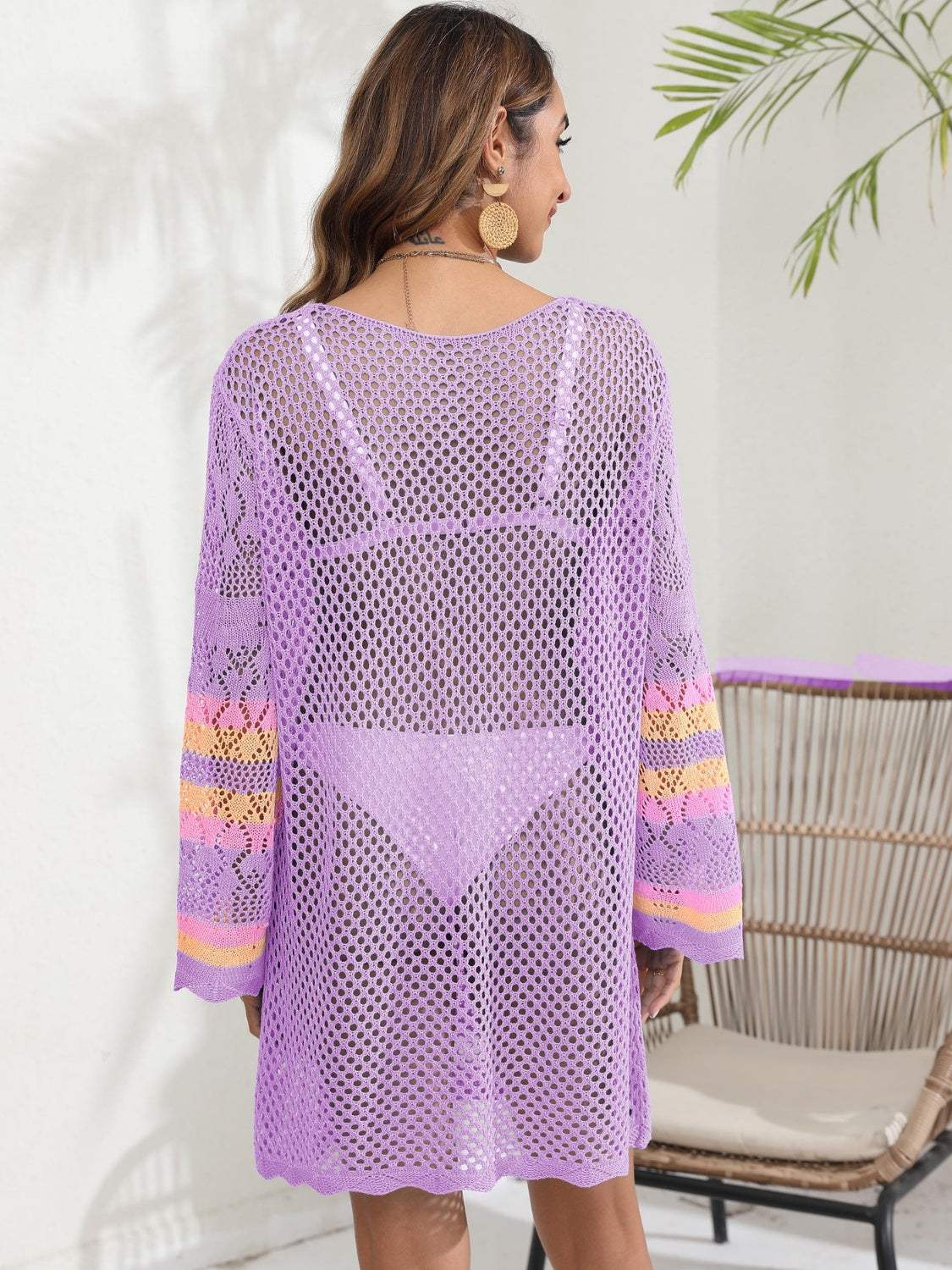 Openwork Contrast Long Sleeve Cover-Up - Trendsi - Flyclothing LLC