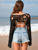 Distressed Boat Neck Long Sleeve Cover Up - Trendsi - Flyclothing LLC