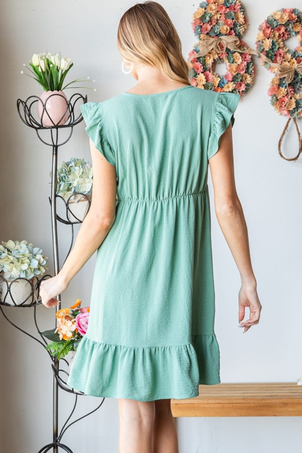 Heimish Full Size Short Sleeve V Neck Ruffled Hem Dress - Trendsi