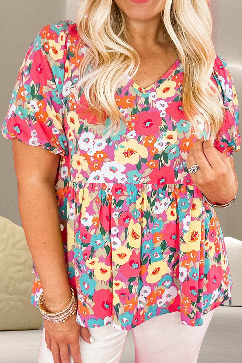 Peplum Floral V-Neck Short Sleeve Blouse - Trendsi - Flyclothing LLC