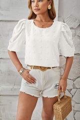 Swiss Dot Round Neck Short Sleeve Blouse - Trendsi - Flyclothing LLC
