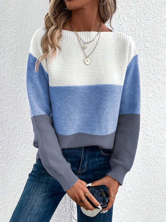Color Block Boat Neck Sweater - Trendsi - Flyclothing LLC