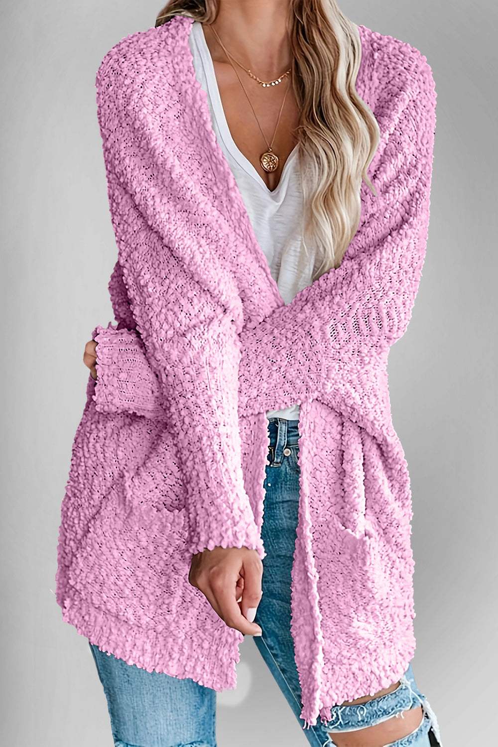 Double Take Pocketed Open Front Long Sleeve Cardigan - Trendsi - Flyclothing LLC