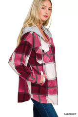 Zenana Plaid Drawstring Hooded Fleece Shacket - Trendsi - Flyclothing LLC