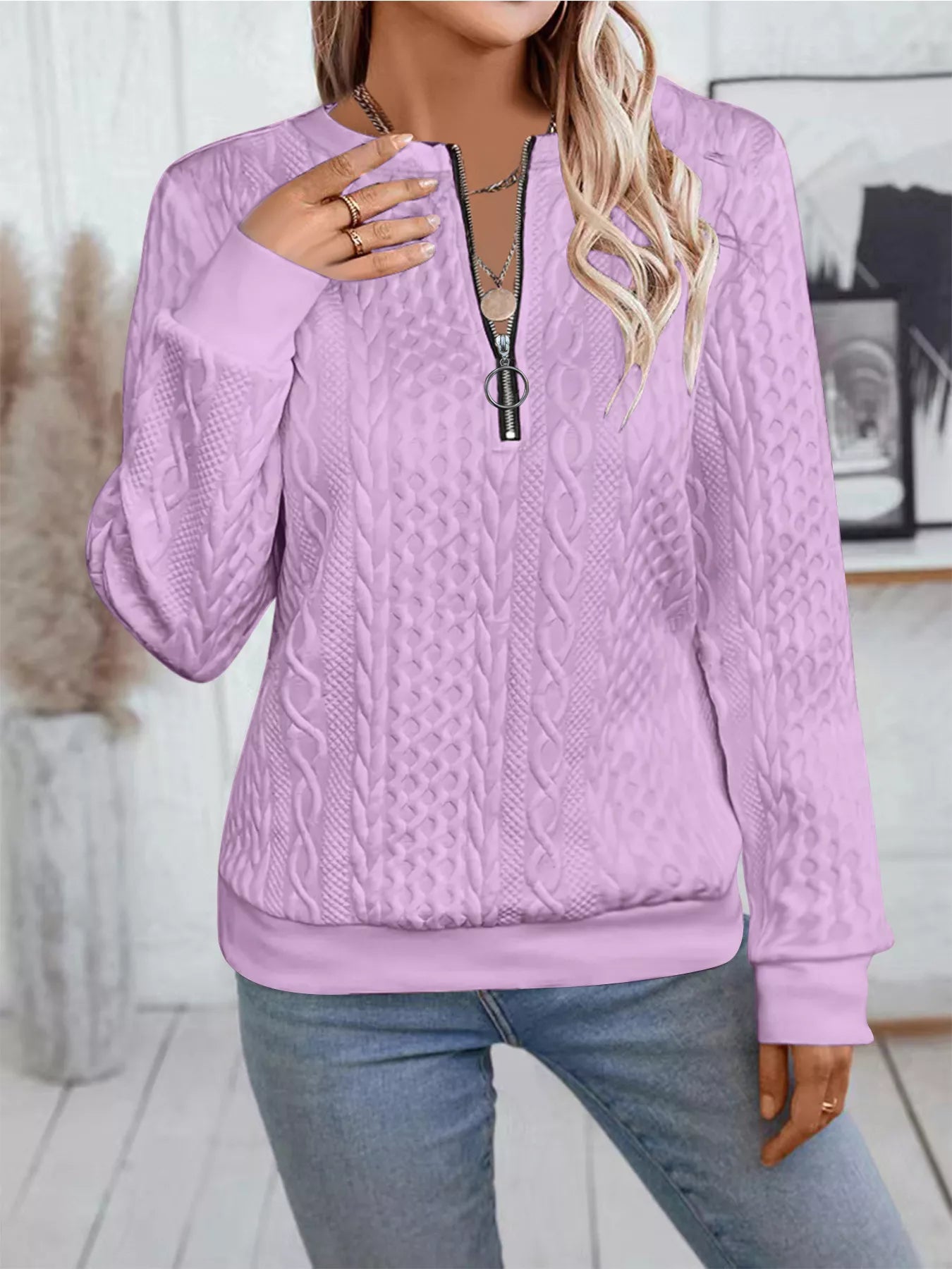 Chic Cable Texture Quarter-Zip Sweatshirt - Trendsi - Flyclothing LLC