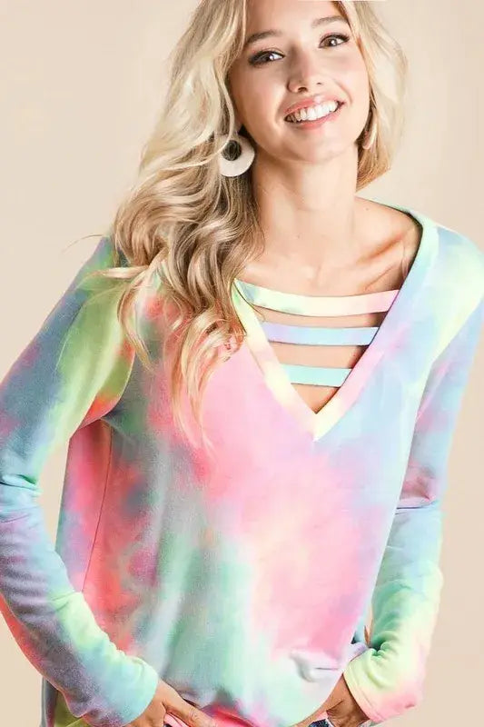 BiBi Tie Dye French Terry V-Neck Top with Strapped - Trendsi - Flyclothing LLC