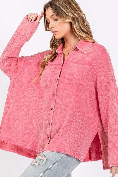 SAGE + FIG Frayed Hem Side Slit Button Down Shirt - Trendsi - Flyclothing LLC