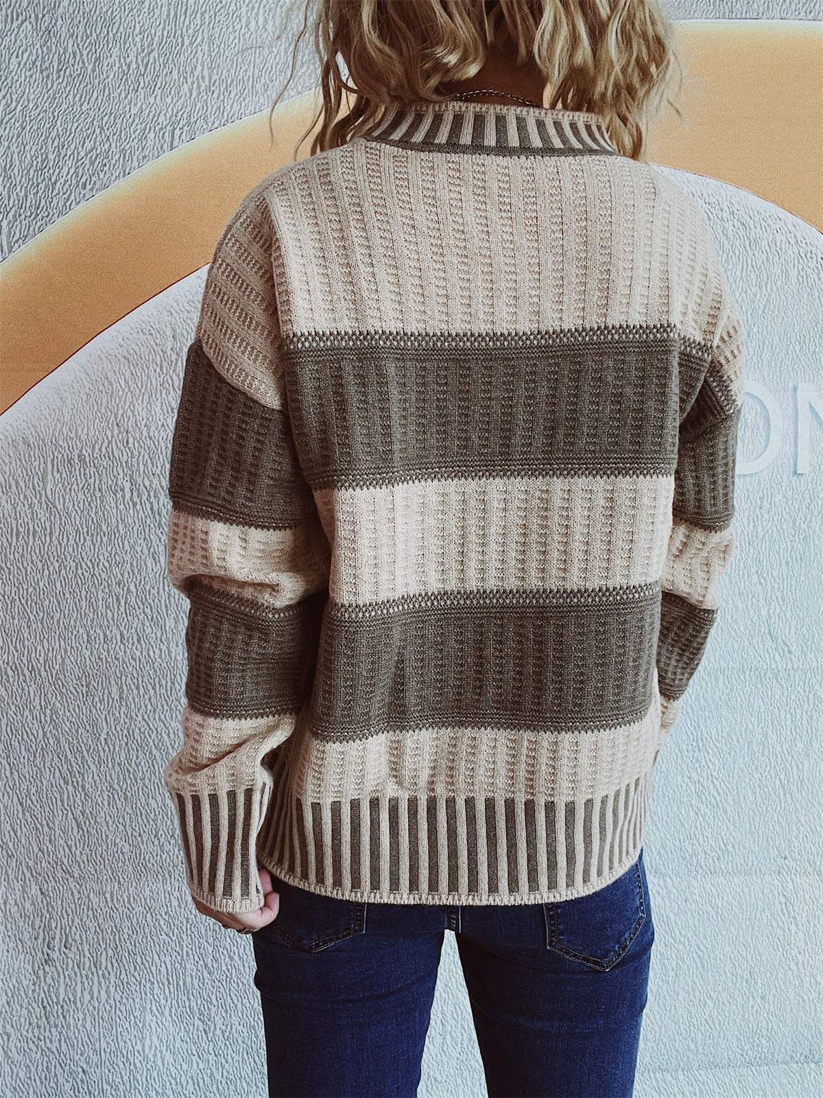 Contrast Round Neck Long Sleeve Sweater - Trendsi - Flyclothing LLC