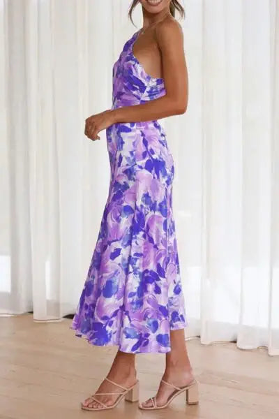 Ruched Printed Single Shoulder Midi Dress - Trendsi - Flyclothing LLC