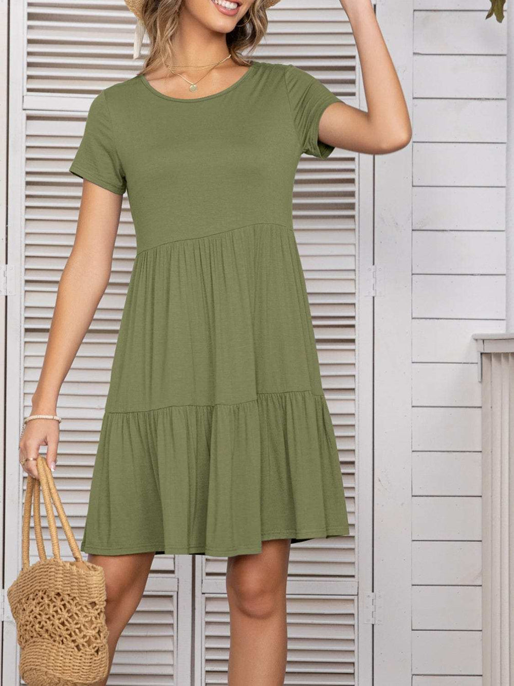 Round Neck Short Sleeve Mini Tee Dress - Trendsi - Flyclothing LLC