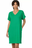 Zenana Brushed Dty Rolled Short Sleeve V-Neck Dress - Trendsi - Flyclothing LLC
