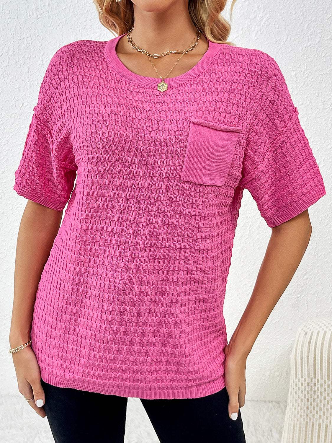 Round Neck Half Sleeve Knit Top - Trendsi - Flyclothing LLC