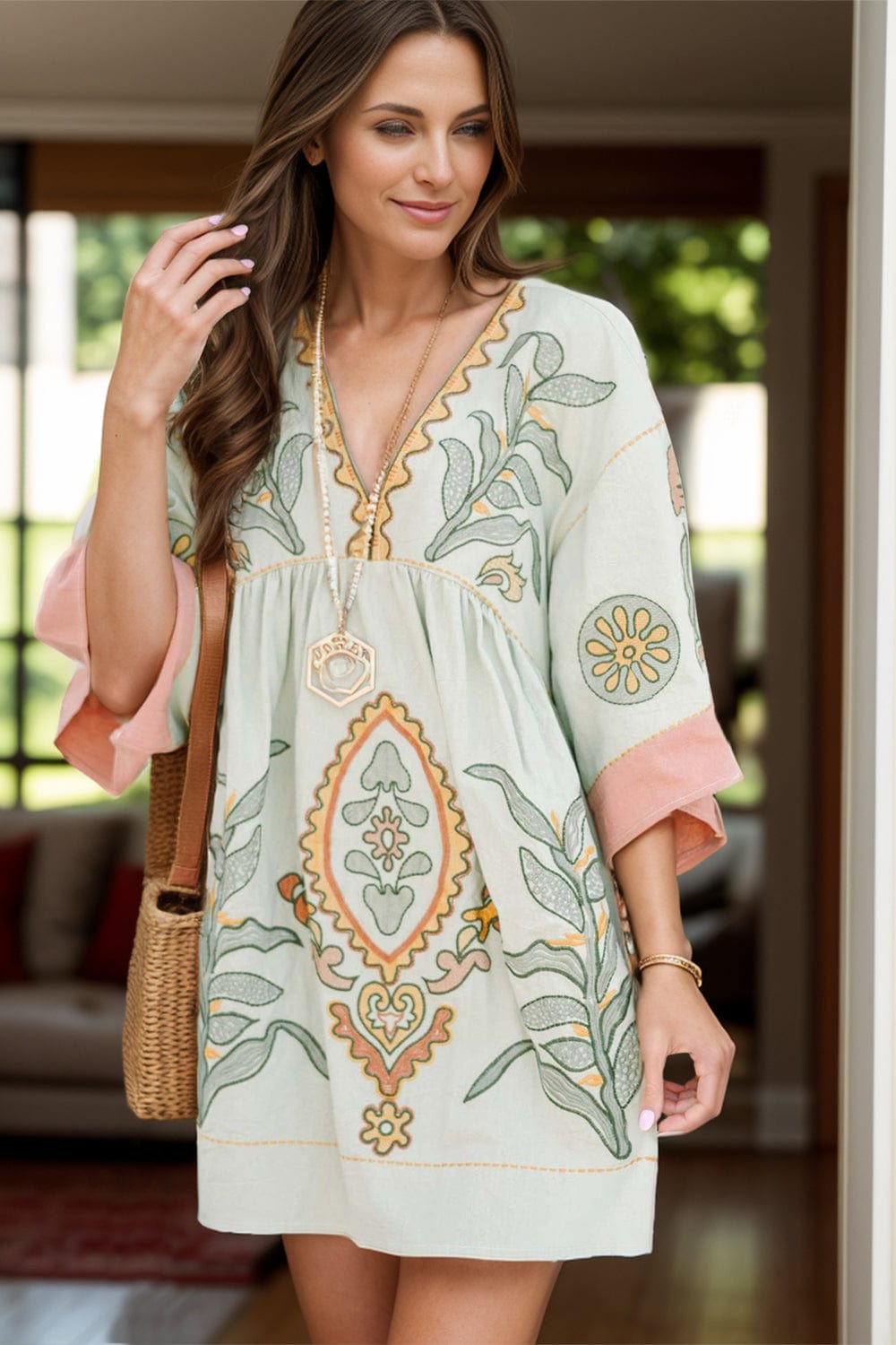 Printed V-Neck Three-Quarter Sleeve Mini Dress - Trendsi