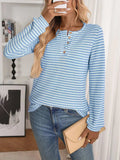 Striped Button Detail Long Sleeve Top - Trendsi - Flyclothing LLC