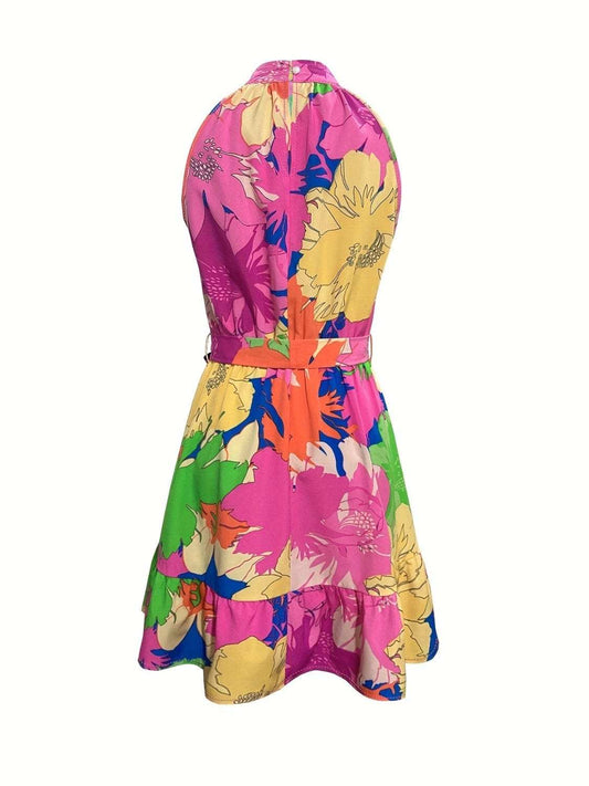 Tied Printed Mock Neck Sleeveless Dress - Trendsi - Flyclothing LLC