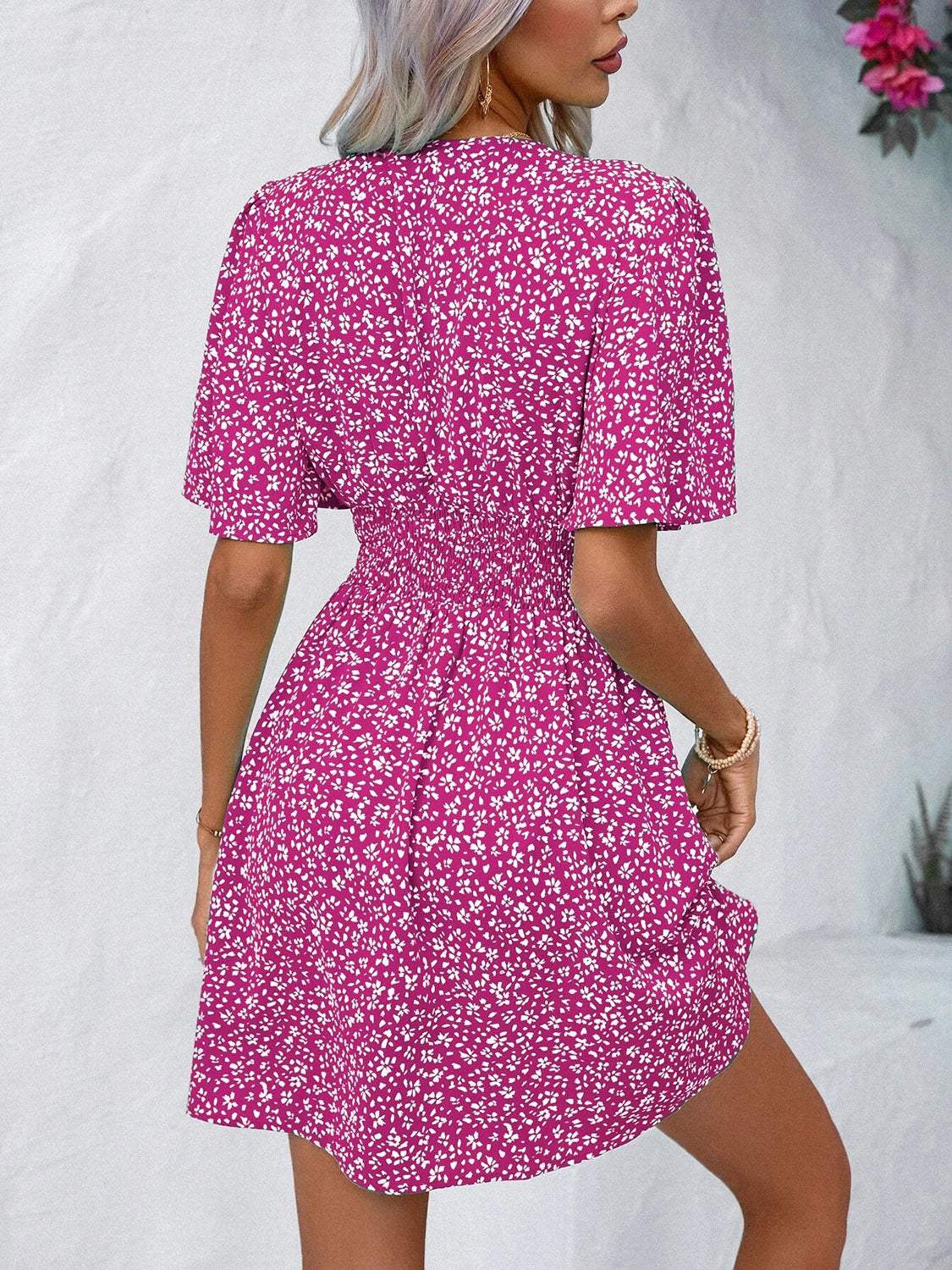 Printed V-Neck Half Sleeve Mini Dress - Trendsi - Flyclothing LLC