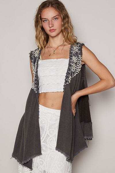 POL Embroidered Pearls Open Front Sleeveless Cardigan - Trendsi - Flyclothing LLC