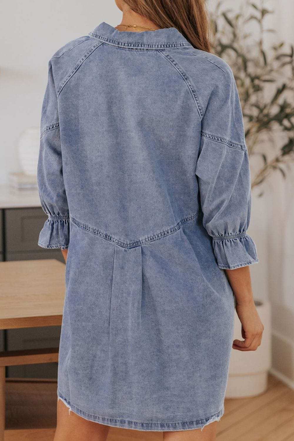 Distressed Collared Neck Flounce Sleeve Denim Dress - Trendsi - Flyclothing LLC