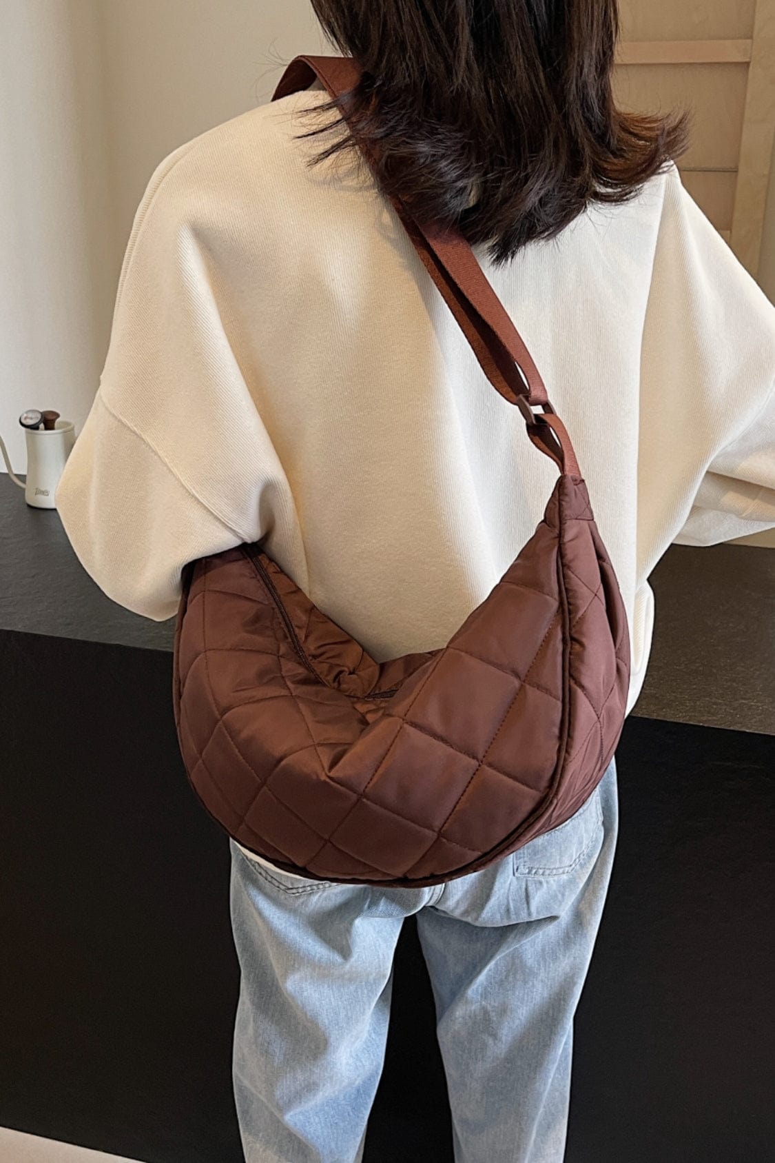 Plaid Quilted Adjustable Strap Crossbody Bag - Trendsi