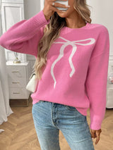Bow Round Neck Long Sleeve Sweater - Trendsi - Flyclothing LLC