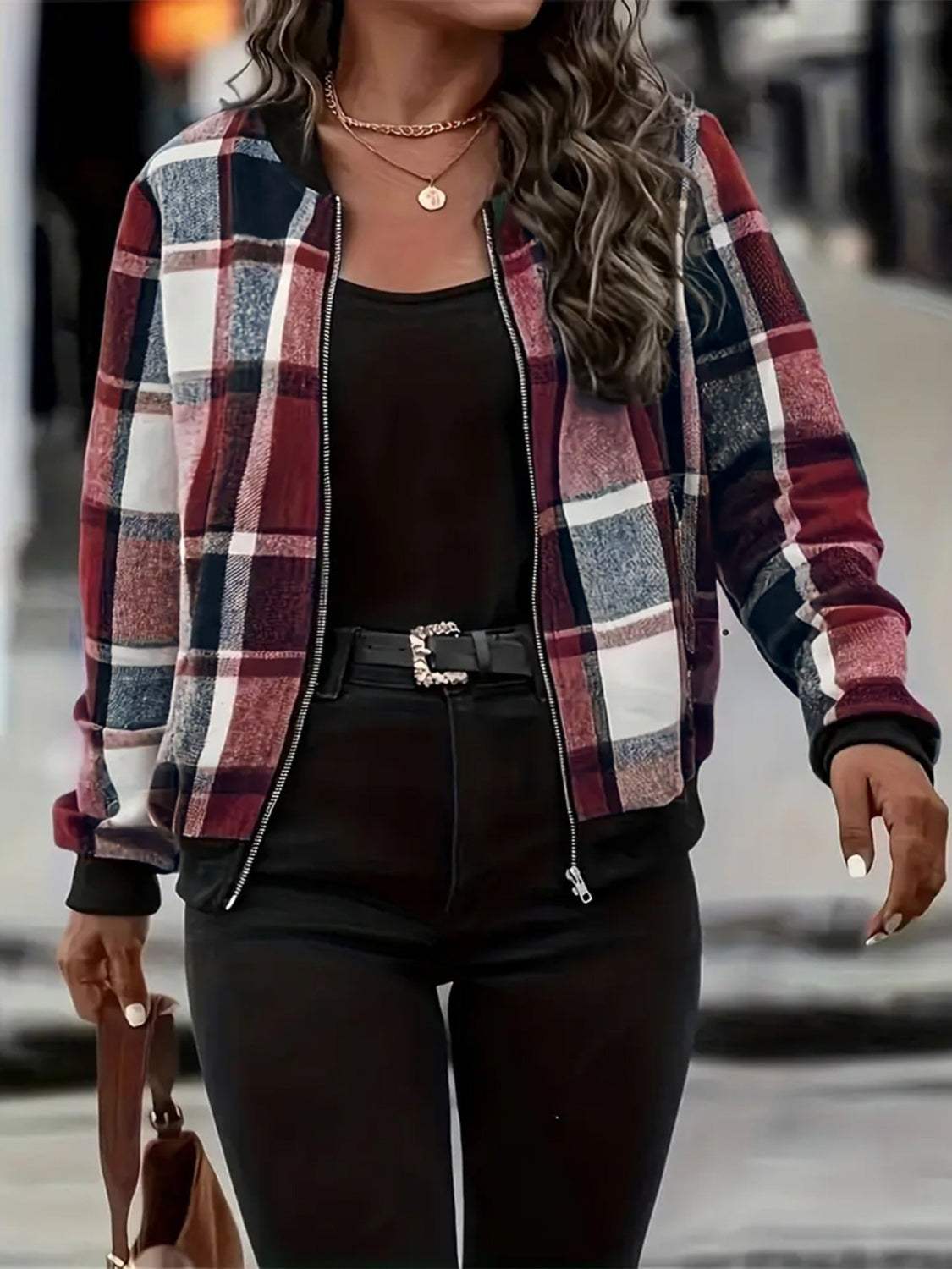 Plus Size Plaid Baseball Collar Zip Up Jacket - Trendsi - Flyclothing LLC