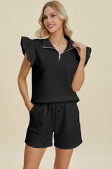 Double Take Full Size Texture Flounce Sleeve Top and Shorts Set - Trendsi - Flyclothing LLC