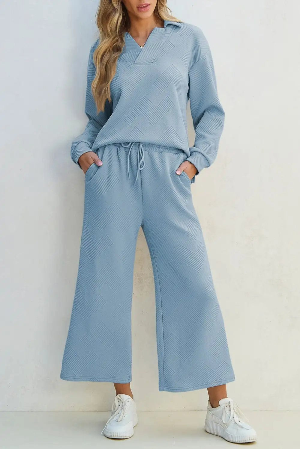 Textured Collared Neck Top and Wide Leg Pants Set - Trendsi