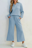 Textured Collared Neck Top and Wide Leg Pants Set - Trendsi