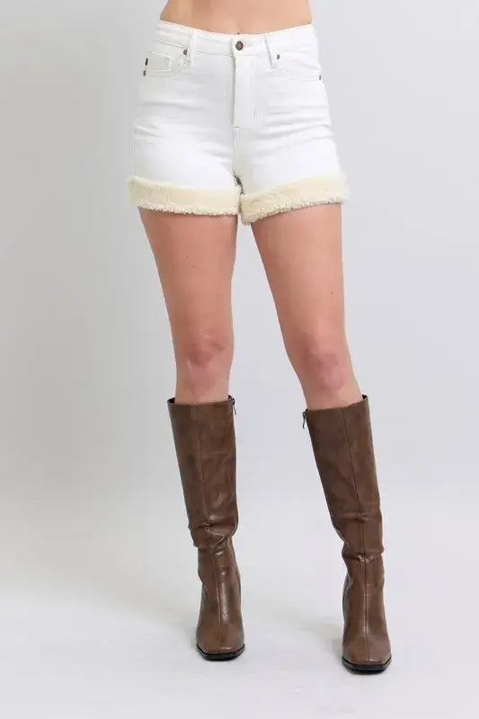 Judy Blue Full Size High Waist Shearling Cuff Denim Shorts Plus Size - Trendsi - Flyclothing LLC