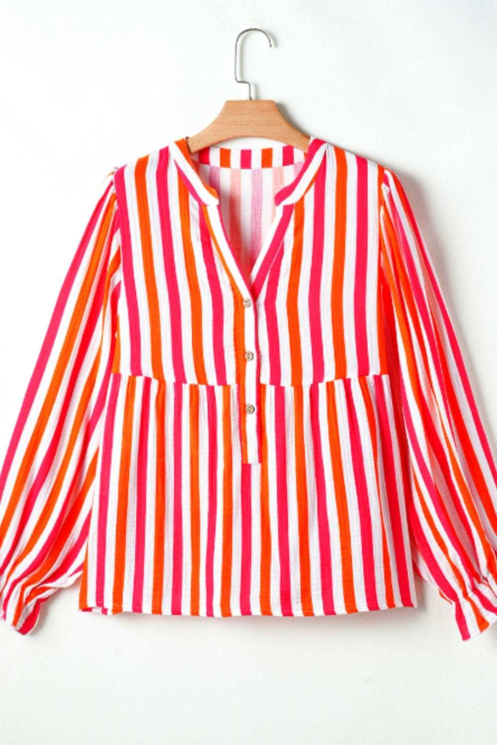 Striped Notched Flounce Sleeve Blouse - Trendsi - Flyclothing LLC