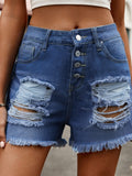 Distressed Raw Hem Denim Shorts - Trendsi
