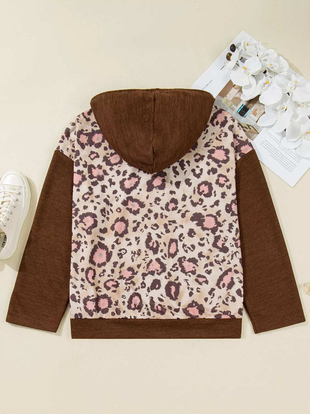 Plus Size Leopard Long Sleeve Drawstring Hoodie - Trendsi - Flyclothing LLC