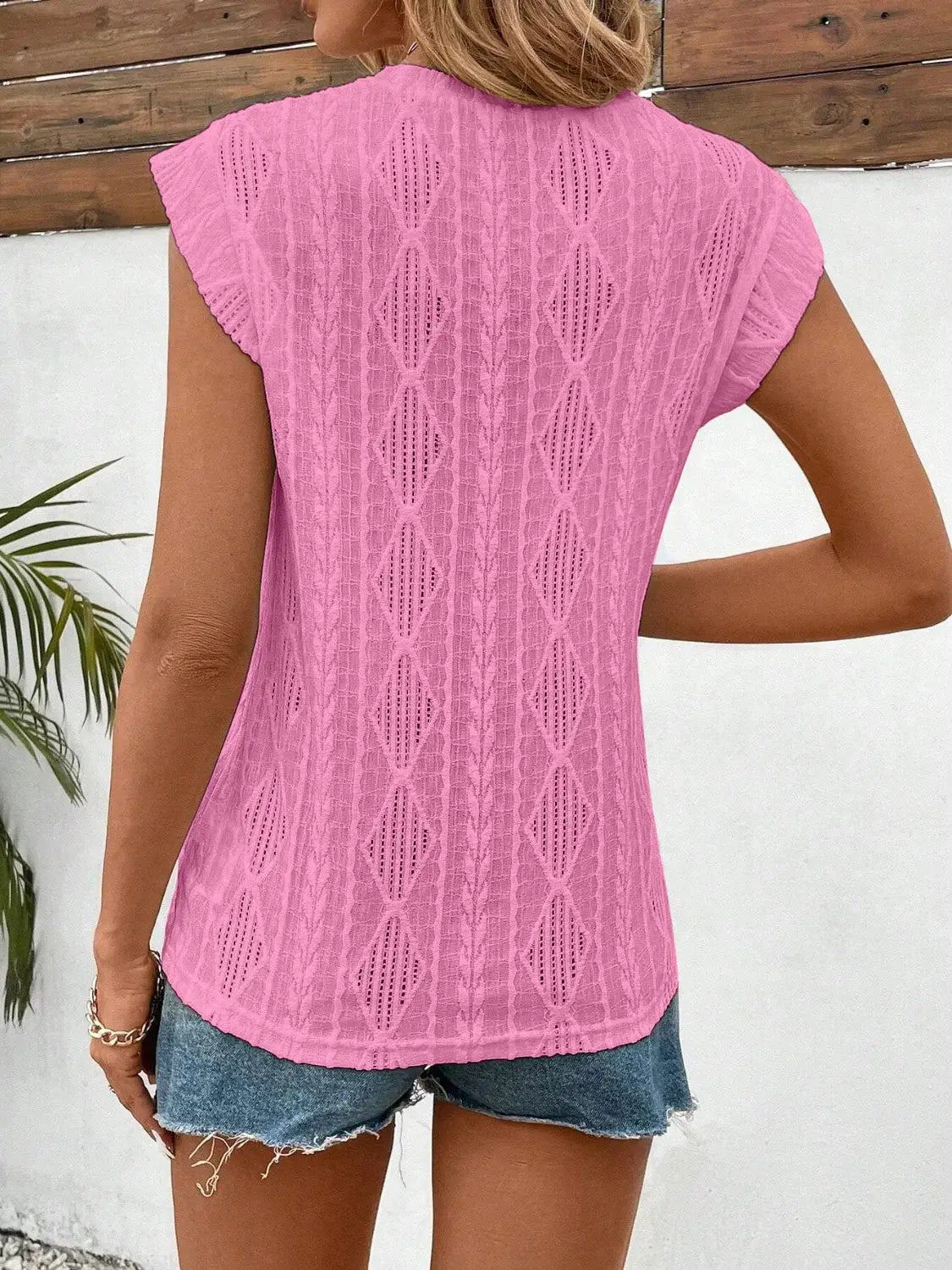 Eyelet Round Neck Cap Sleeve Top - Trendsi - Flyclothing LLC
