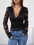 Perfee V-Neck Long Sleeve Lace Top - Trendsi
