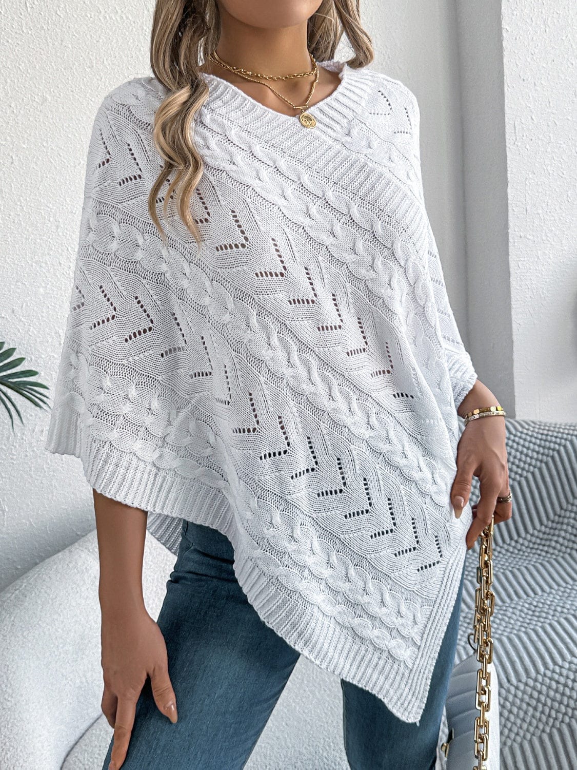 Cable-Knit Openwork Three-Quarter Sleeve Sweater - Trendsi