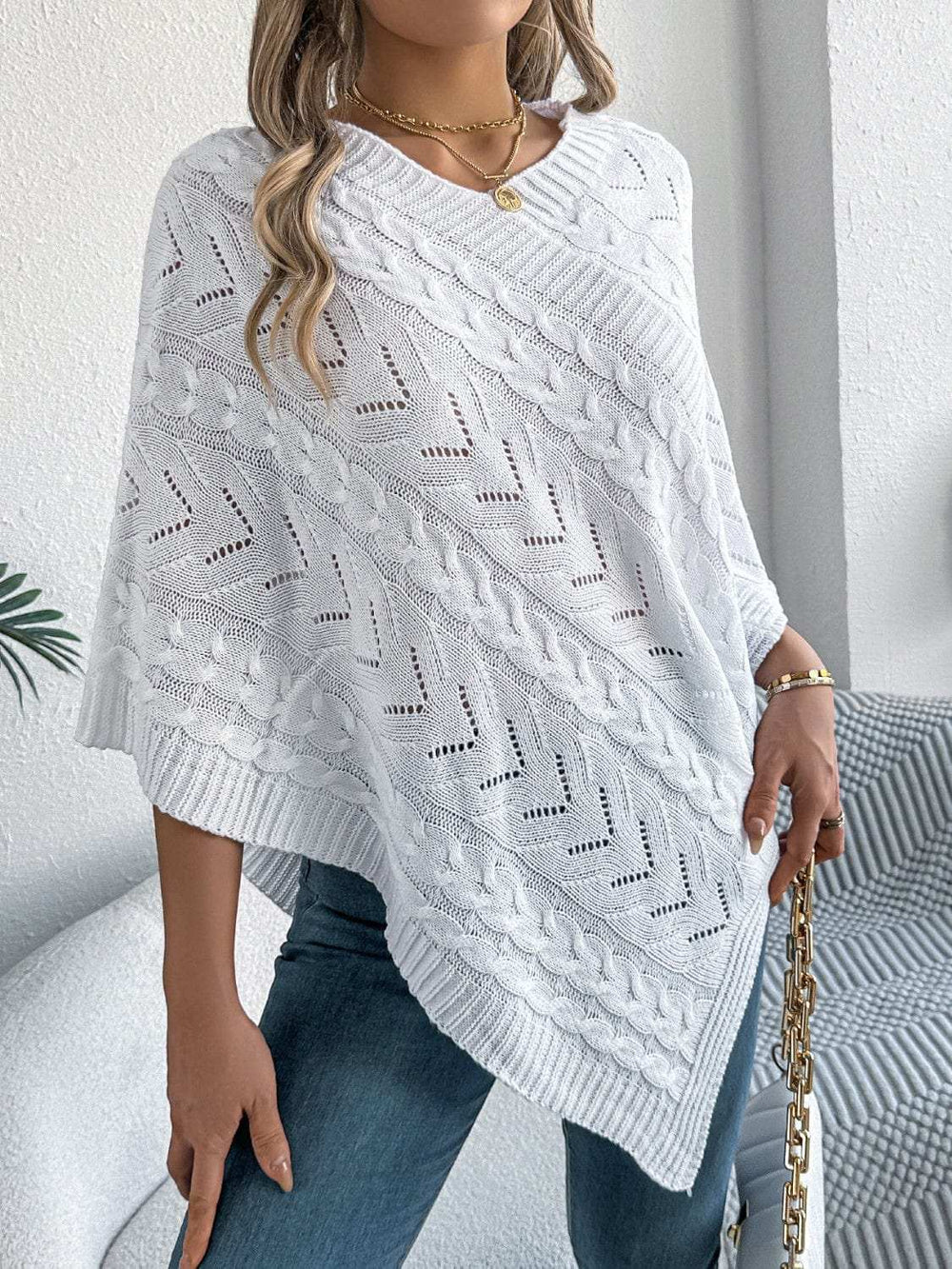 Cable-Knit Openwork Three-Quarter Sleeve Sweater - Trendsi - Flyclothing LLC